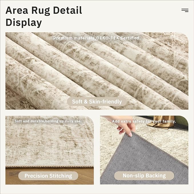 5x7 Area Rugs Brown Low Pile Indoor Washable Trendy Faded Style Floral Rugs - Image 6