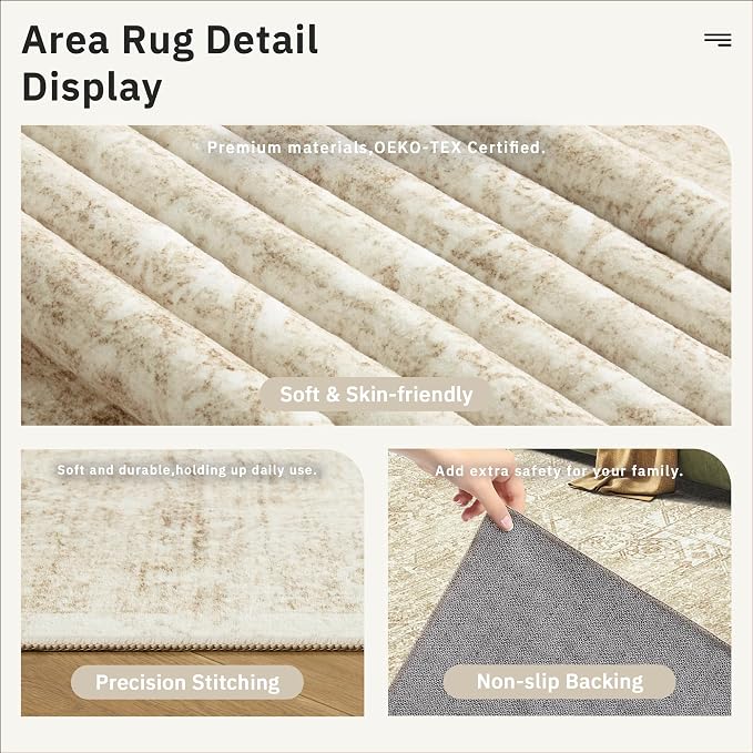 5x7 Area Rugs Beige Low Pile Indoor Washable Trendy Faded Style Floral Rugs - Image 6