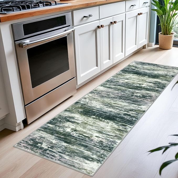 KOZYFLY Modern Abstract Runner Rugs 2x6 Green Yellow Machine Washable Area Rug - Image 3