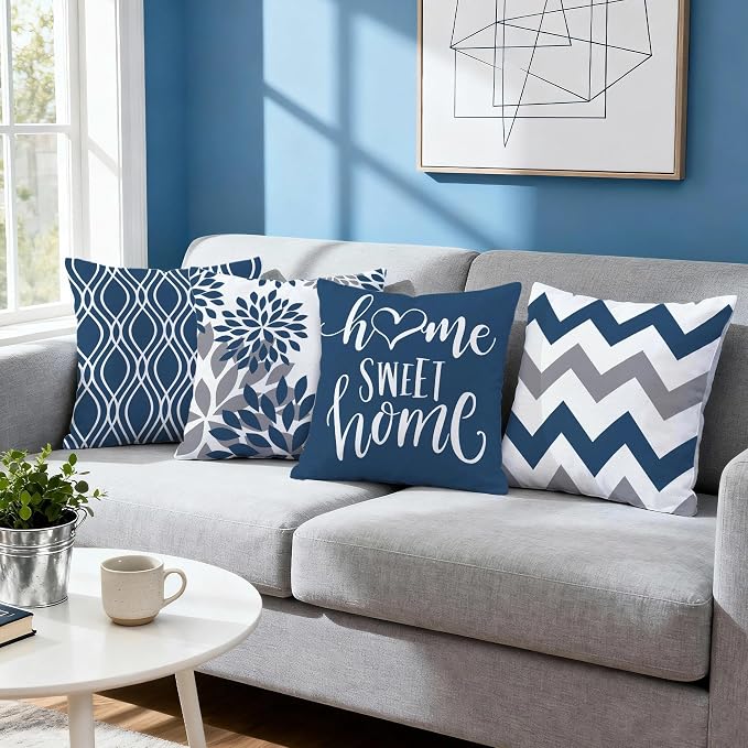 Hexagram Geometric Blue Pillow Covers 16x16 Set of 4, Decorative Outdoor Boho - Image 6