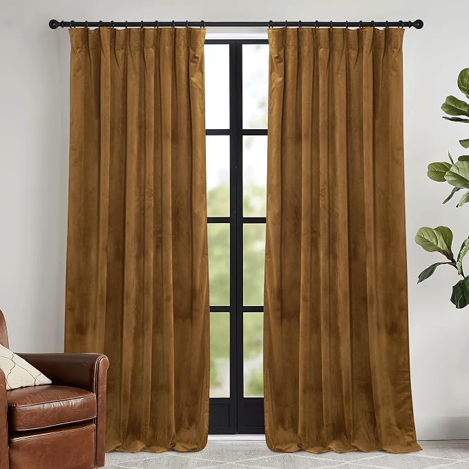 RYB HOME Brownish Gold Velvet Curtains 108 inch, Retro Vintage Room Darkening by RYBHOME