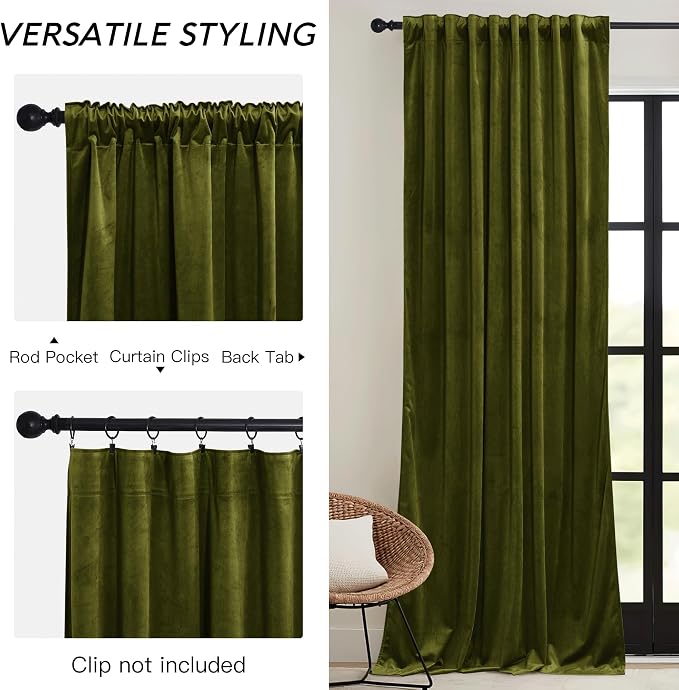 RYB HOME Moss Green Velvet Curtains 63 inches - Image 3