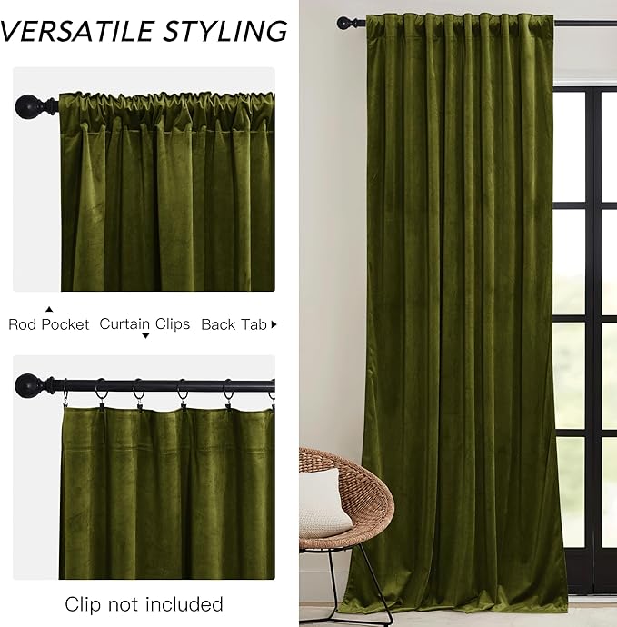 RYB HOME Moss Green Velvet Curtains 72 inches - Image 3