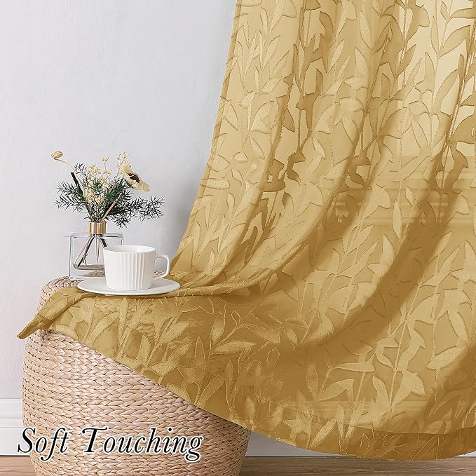 Lecloud Leia Dark Gold Sheer Curtains 84 Inches Long 2 Panels, Jacquard - Image 8