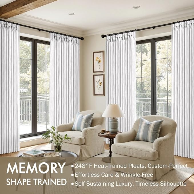 MIULEE Pinch Pleated White Thick Linen Curtains 102 Inches Long 2 Panels - Image 2