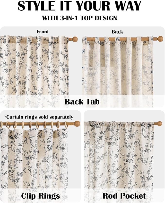 Lazzzy Black Floral Linen Curtains 84 Inch Farmhouse Back Tab Drapes - Image 4
