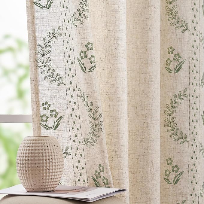 jinchan Belrose Linen Curtains for Bedroom Floral Curtains 84 Inch Length Linen by JINCHAN