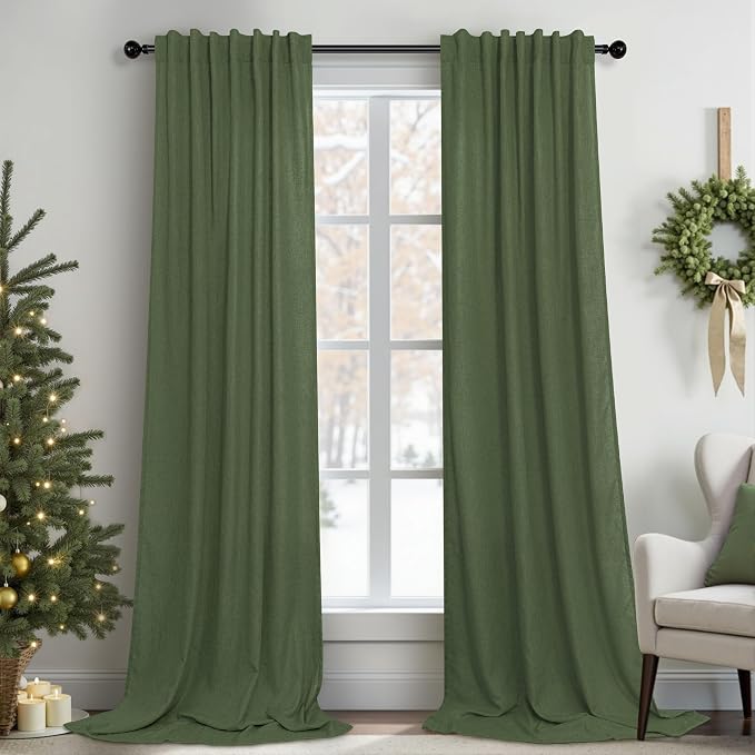 Olive Green Linen Curtains 84 Inch Length by Pitalk