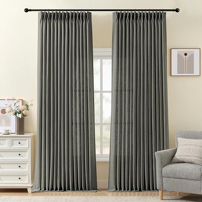 96 Inch Linen Curtains for Living Room, Pinch Pleated Semi Sheer Curtain Rustic by IVAPUPU