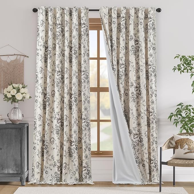 jinchan Lined Linen Blend Curtain Floral Curtains by JINCHAN