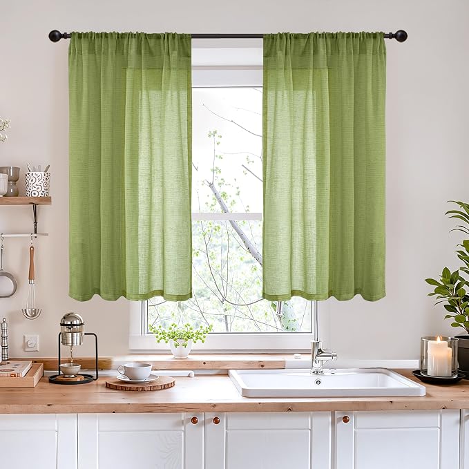 BGment 40 Inches Long Olive Green Linen Curtains - Image 2