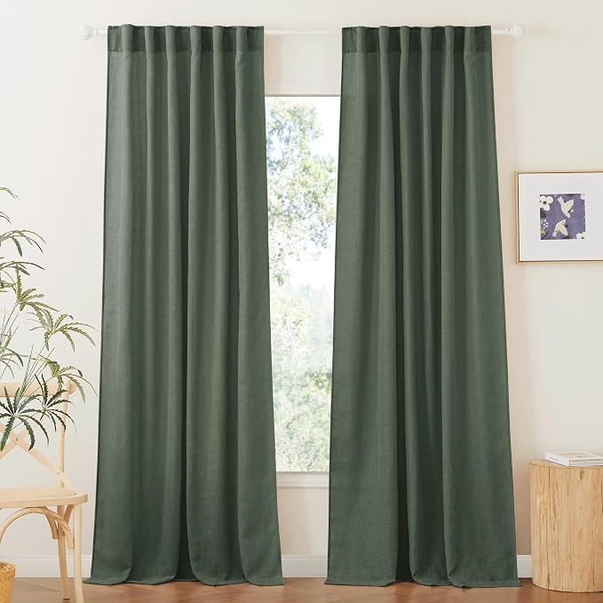 RYB HOME Olive Green Linen Sheer Curtains 84 inches, 2 Panels Rod Pocket Living by RYBHOME