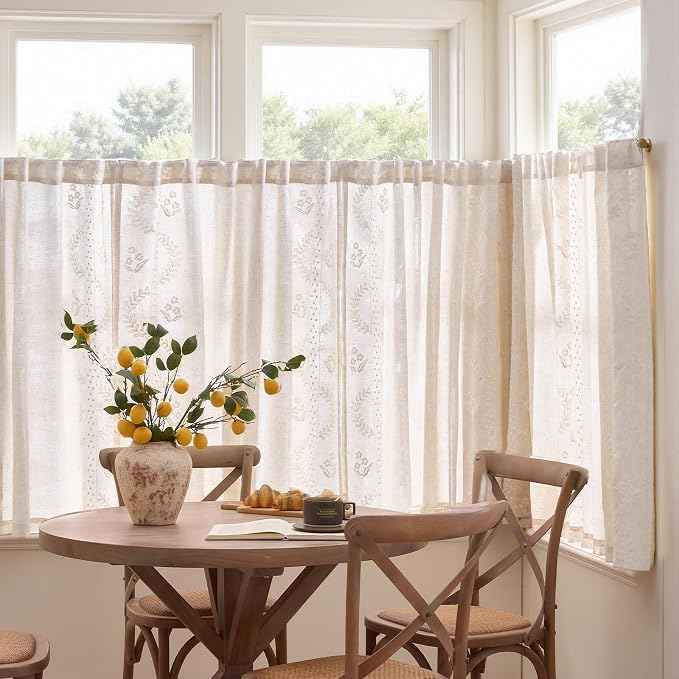 jinchan Belrose Linen Floral Cafe Curtains 45 Inch Length Embroidered Farmhouse - Image 3