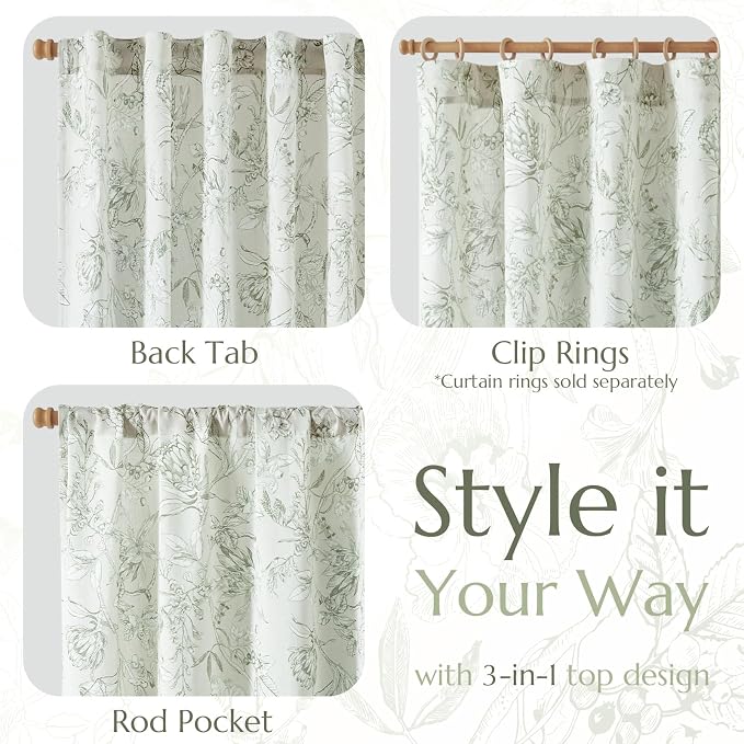 jinchan Floral Curtains 108 Inch Length Sage Green Flower Linen Farmhouse - Image 5