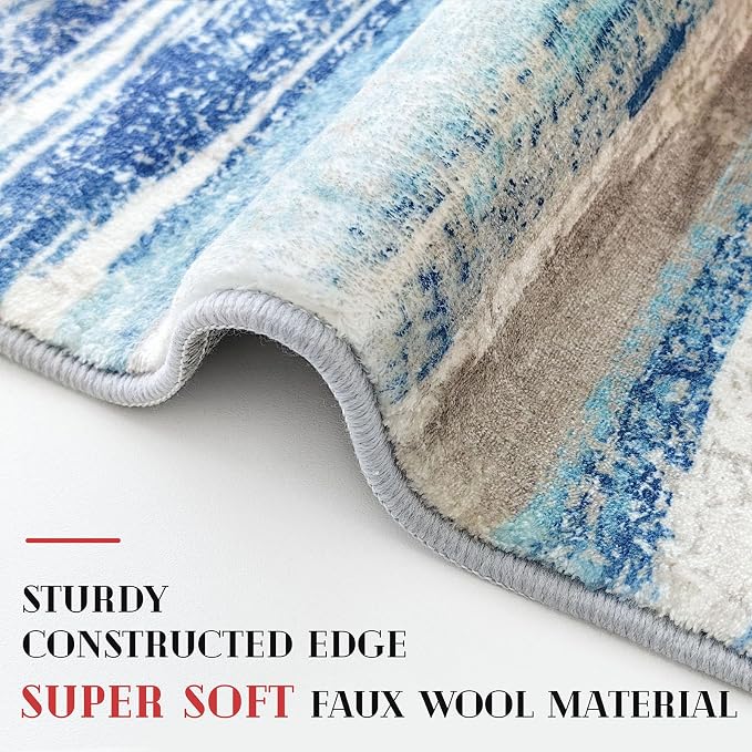 Lansny Modern Abstract Kitchen Rug Set of 2, 2x3 and 2x5 Blue Washable Rug - Image 4
