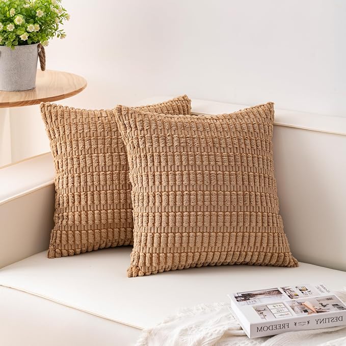Pack of 2 Corduroy Decorative Throw Pillow Covers 22x22 Inch Soft Striped by Unknown