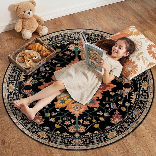 Area Rugs 4ft Washable Non-Slip, Floral Vintage Distress Print Pattern by RELEANY