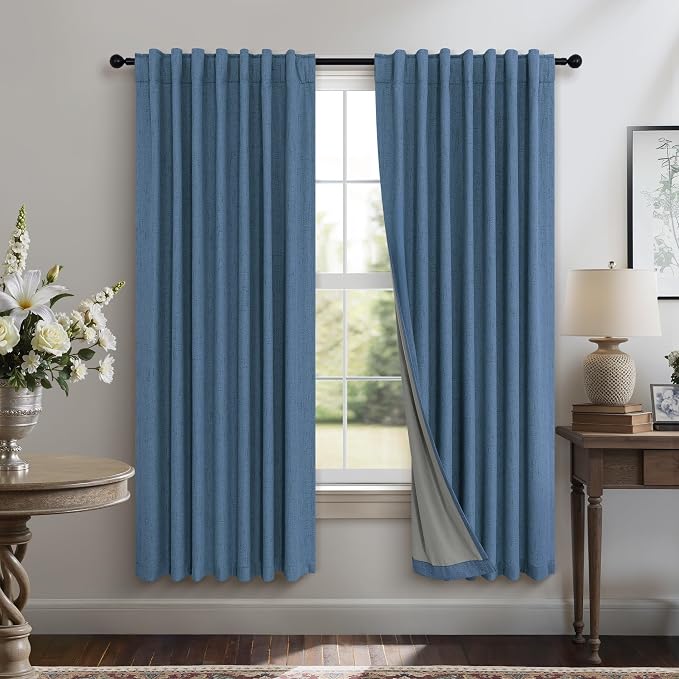 Denim Blue Living Room Black Out Curtains 63 Inch Long Insulated Thermal by Pitalk