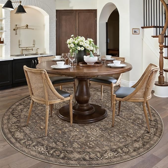 6x6 Washable Round Rug for Living Room Bedroom Vintage Brown Carpet Soft Low - Image 2