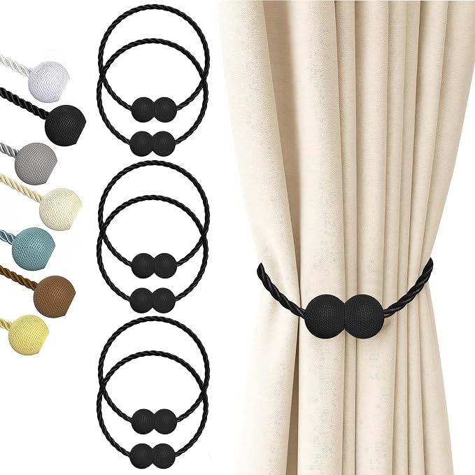 Hion Magnetic Curtain Tiebacks Black 6 Pack, Curtain Tiebacks Buckles Holdbacks by Hion