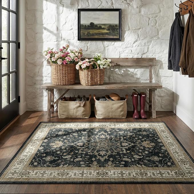 Area Rugs 3'x5' Washable Non-Slip, Floral Vintage Distress Print Pattern - Image 2
