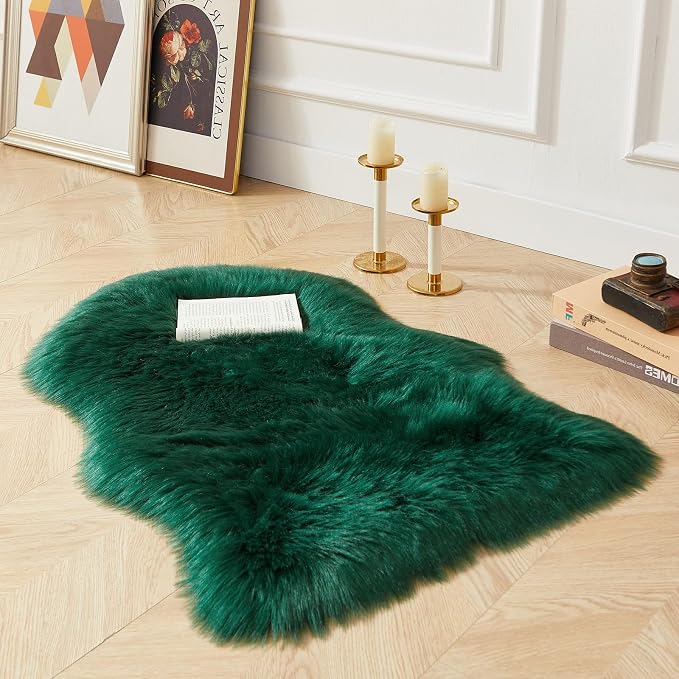 AMTOVO Faux Fur Rug, Dark Green Small Area Rug, Fluffy Sheepskin Rug, Fuzzy - Image 2
