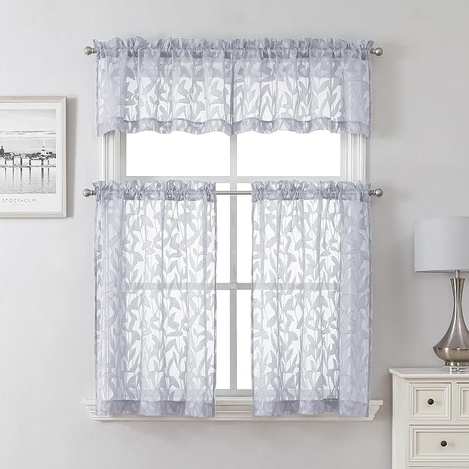 Lecloud Leia Light Grey Kitchen Sheer Curtains 24 Inch Length 2 Pcs, Jacquard - Image 9