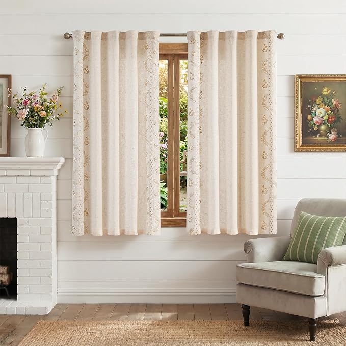 jinchan Belrose Linen Floral Cafe Curtains 54 Inch Length Embroidered Farmhouse - Image 2