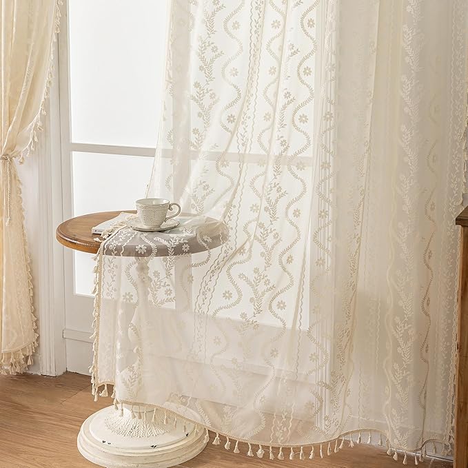WAZZIO Boho Lace Curtains 2 Panels 84 Inches Long-Cute Vintage Victorian Sheer - Image 5