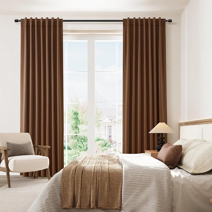 Guken Caramel Brown 100% Blackout Linen Curtains 100 Inch Length 2 Panels Set - Image 8