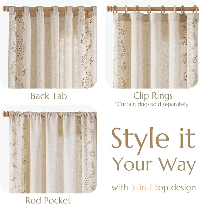 jinchan Belrose Linen Curtains for Bedroom Floral Curtains 90 Inch Length Linen - Image 6