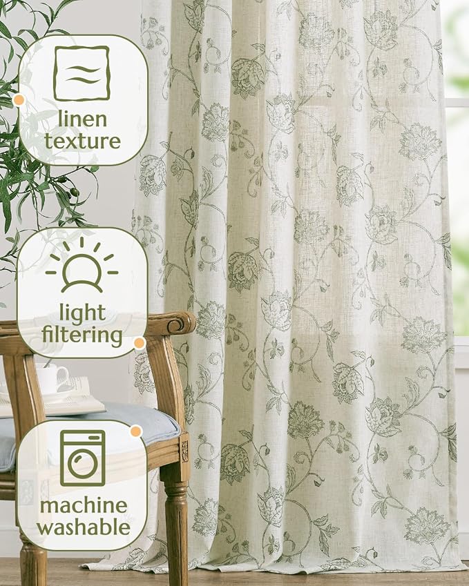 jinchan Linen Curtains Floral Curtains 96 Inch Length - Image 4