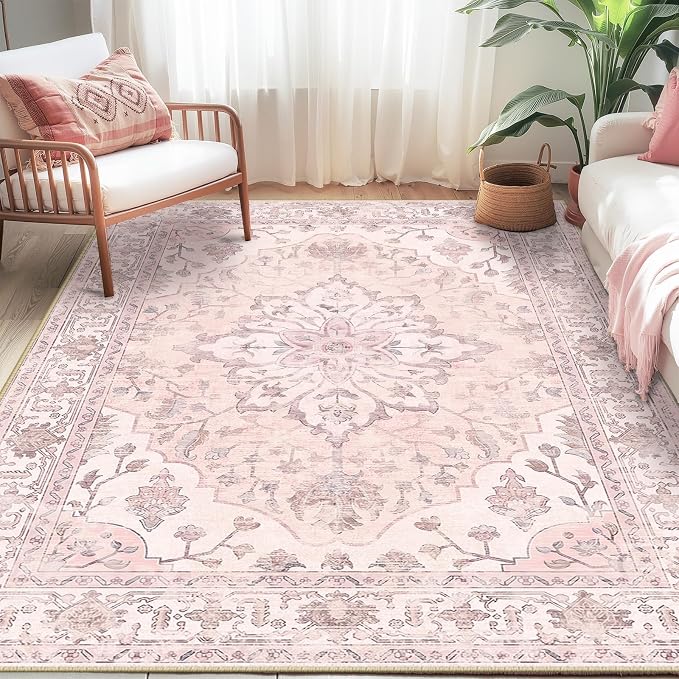 Area Rugs 5'x7' Washable Non-Slip, Floral Vintage Distress Print Pattern - Image 3