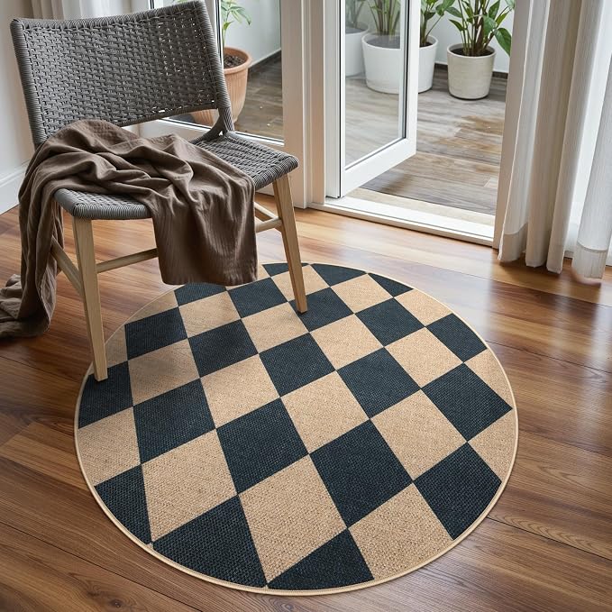 Lahome Colette Checkered Round Rug 3ft, Circle Indoor Outdoor Entryway Patio by Lahome