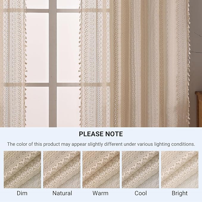 WAZZIO Boho Lace Curtains 90 Inches 2 Panel, Light Filtering Privacy Tassel & - Image 8