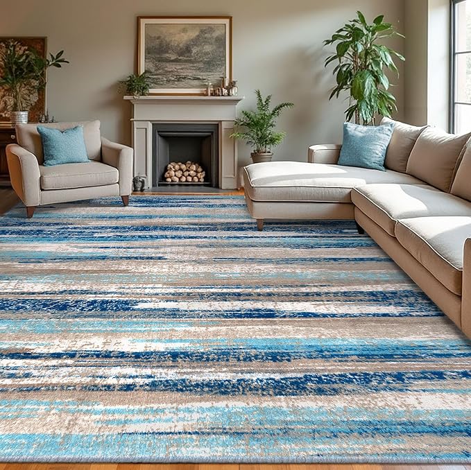 Lansny Modern Abstract 9x12 Large Machine Washable Living Room Rug Non-Slip by lansny
