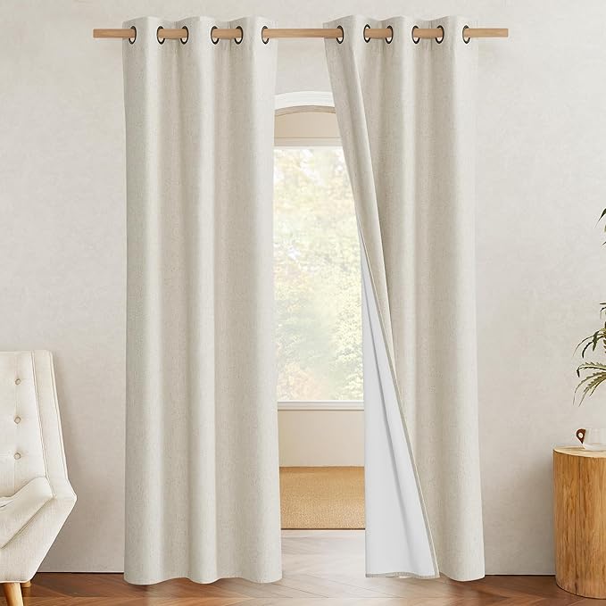 NICETOWN Natural Full Blackout Boho-Chic Linen Curtains 80 inch Long 2 Panels - Image 2