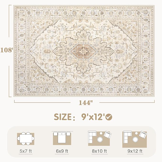 Area Rugs 9x12 Vintage Rug: Large Washable Living Room Rug Retro Medallion - Image 2