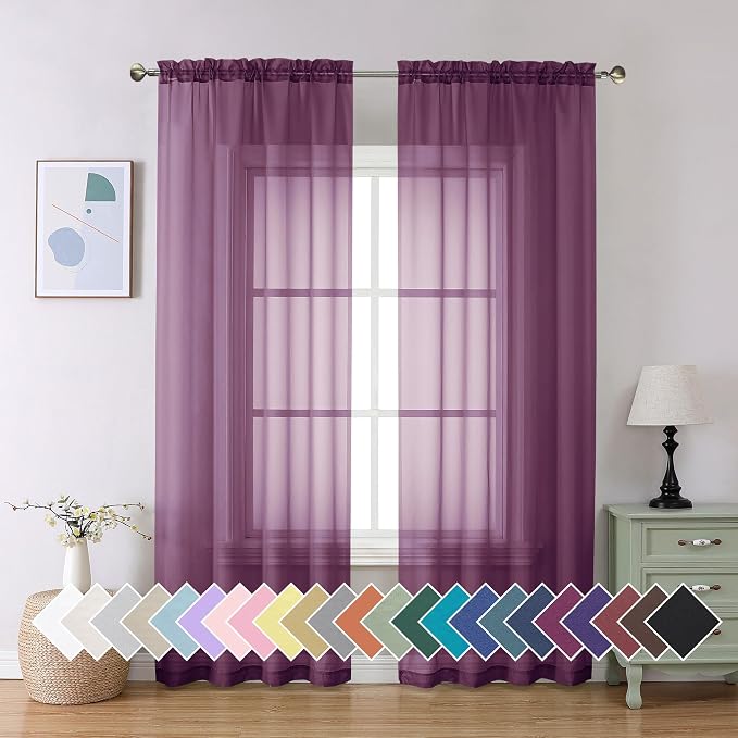 Aiyufeng Plum Purple Sheer Curtains 84 Inches Long 2 Panels, Solid Voile Top by Aiyufeng