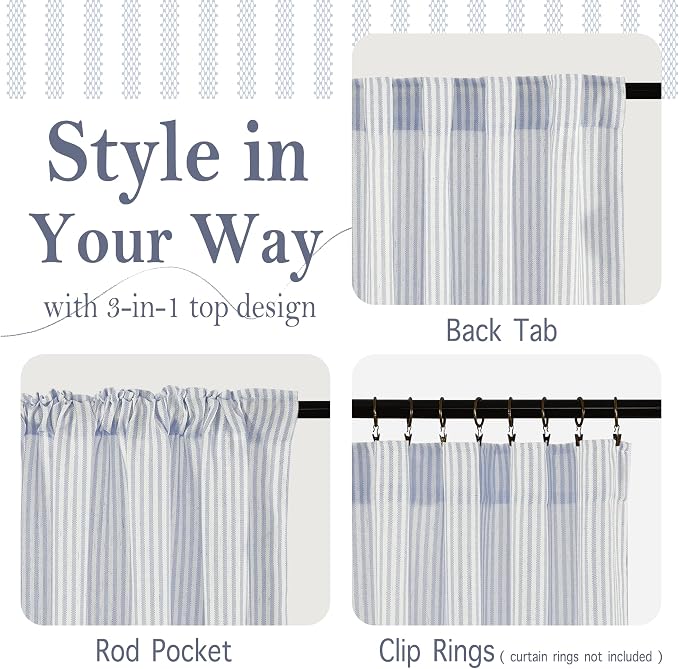 RYB HOME Striped Cafe Kitchen Curtains 24 inch Length, Linen Tickingstripe Tier - Image 2