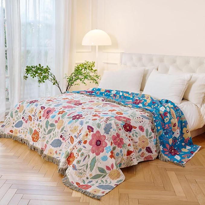 MSGKV Boho Throw Blanket for Couch 100% Cotton Floral Blanket 50"x60" Sofa Bed - Image 5