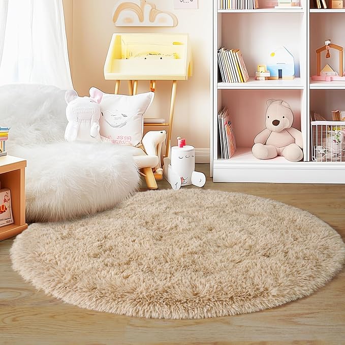3'x3' Beige Round Rug for Bedroom, Ultra Soft Fluffy Circle Rug for Kids Girls - Image 8