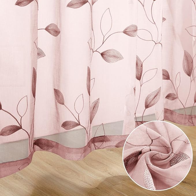 HOMEIDEAS Blush Pink Floral Sheer Curtains 84 Inches Long 2 Panels Embroidered - Image 6