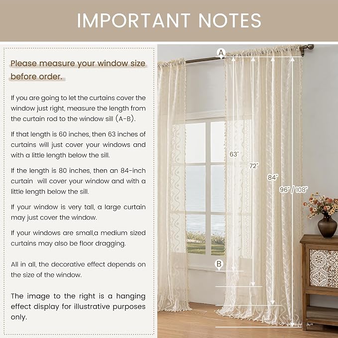 WAZZIO Boho Lace Curtains 2 Panels 54 Inches -Cute Vintage Victorian Sheer - Image 7