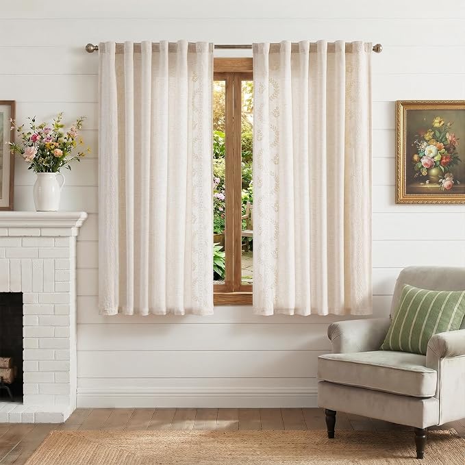 jinchan Belrose Linen Floral Cafe Curtains 54 Inch Length Embroidered Farmhouse - Image 2
