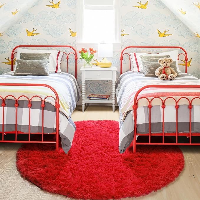 Red Round Rug 4Ft for Bedroom, Fluffy Shag Circle Area Rugs for Kids Room Decor - Image 8