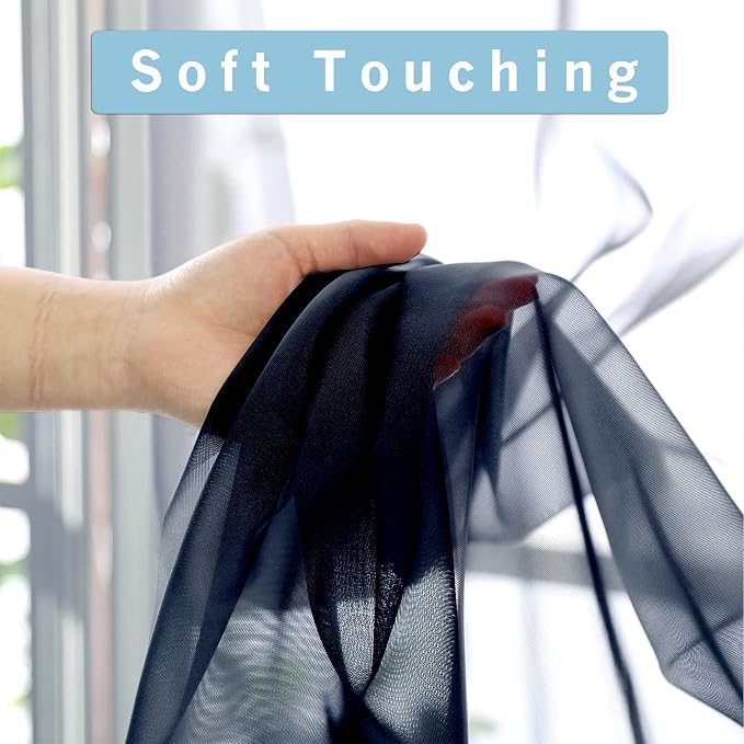 OWENIE Navy Blue Sheer Curtains 90 Inches Long, Solid Light Filtering Sheer - Image 3