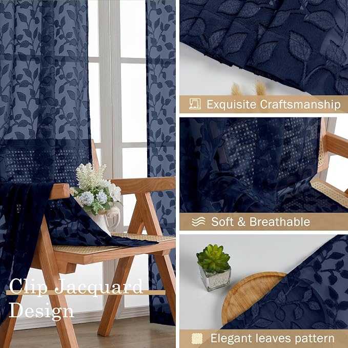 Chyhomenyc Navy Blue Sheer Curtains 36 Inch Length, Light Filtering Leaf Tufted - Image 8