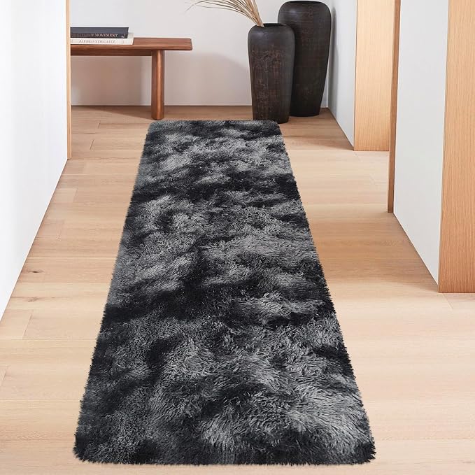 Tie-Dyed Runner Rug for Bedroom Black Grey 2x6ft Fluffy Area Rug Bedside Runner - Image 4