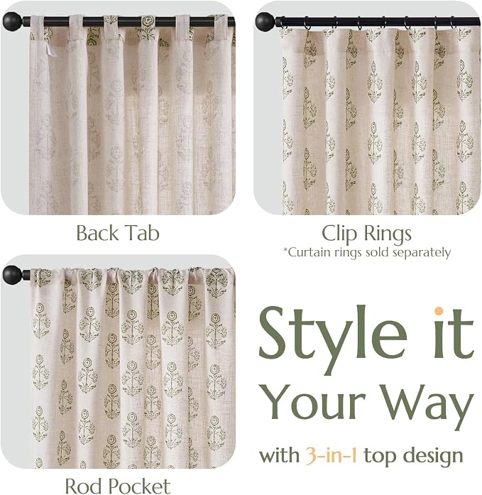 jinchan Linen Floral Curtains for Living Room 96 Inch Length Green Flower - Image 6